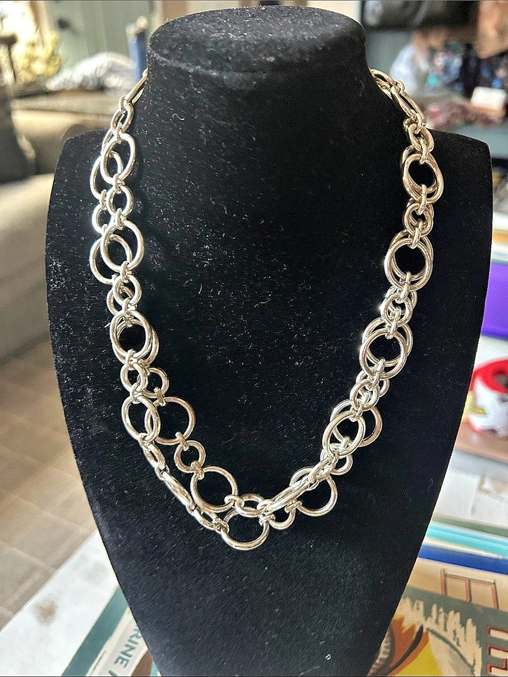 Vintage Chaps Silver-Tone Circle Linked Long Statement Necklace